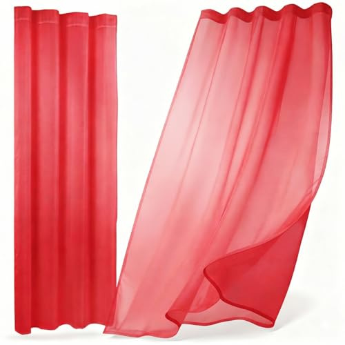 BEAUTEX Vorhang mit U-Band 140x250 cm (Farbe Wählbar) transparente Kräuselband Gardine, Dolly (Rot)
