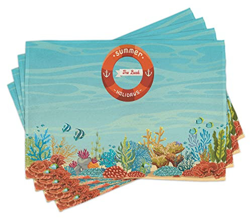 ABAKUHAUS Marine Platzmatten, Rettungsring über Korallenriff-Meer tropischer Ozean sprudelt Strand Mystic Subaquatic, Tiscjdeco aus Farbfesten Stoff für das Esszimmer und Küch, Hellblau Orange