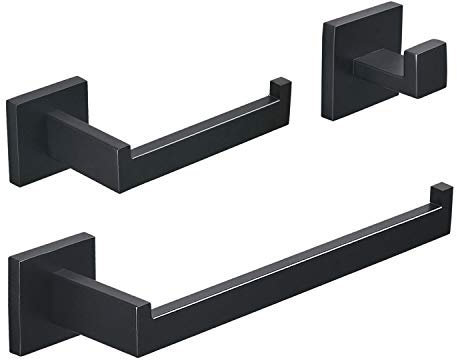 Beelee 3 Piezas Cuarto de baño Set de Accesorios de Hardware, Montaje en Pared Toallero de Barra Portarrollo de Papel Higiénico Ganchos para Toallas, Acero Inoxidable, Pintura Negra, BA199SET-3B
