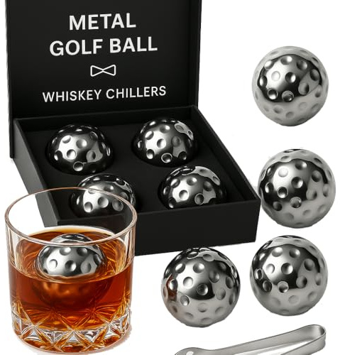 Golf Ball Whiskey Chillers, 5 Set, Stainless Steel Whiskey Stones, Rocks, Great for Parties or for Bar Use, 4 Balls Stone Rock Cubes for Whiskey, Bourbon Vodka, Scotch, Metal Gift - Gifts for Golfers
