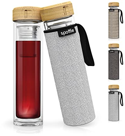 spottle Teeflasche Glas 450 ml mit Sieb to go – doppelwandige Teekanne mit Siebeinsatz für losen Tee & Infused Water – Glasflasche mit Bambusdeckel & Neoprenhülle, auslaufsicher & BPA-frei