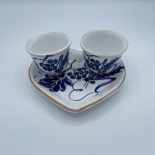 Amarcord Set Caffè Vassoio a forma di cuore con due tazzine in ceramica fatto e dipinto a mano con disegni romagnoli blu