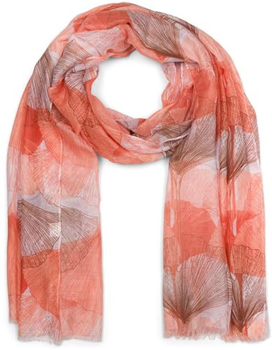 styleBREAKER Damen Schal mit farbigem Ginkgo Leaves Blätter Muster Print und kurzen Fransen, leichtes Tuch, Stola 01016208, Farbe:Orange-Braun
