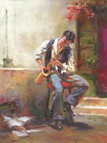 Kunstdruck auf Holz, Bars A Boy with Trompete Noches Fernando – Figuratives vertikales Bild Guy Trompete Kunstdruck 81 x 55 cm