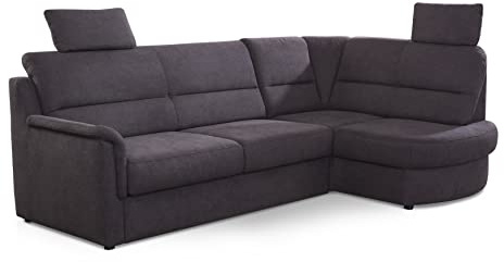 Cavadore Ecksofa Paris mit Federkern / Kleines L-Sofa mit Vorziehsitz, Bettkasten und Ottomane / inkl. 2 Kopfstützen / 243 x 112 x 155 / Dunkelgrau