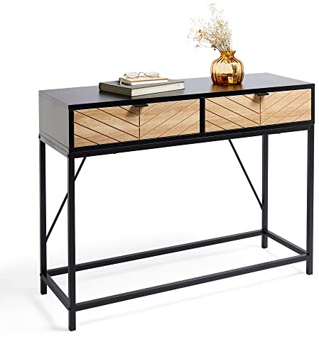 VonHaus Console Table with Drawers - Chevron Black & Light Wood Effect Hallway Table - Modern 2 Drawer Console for Entryway - Industrial Hall w/Metal Frame - Storage for Living Room & Lounge - Dalton