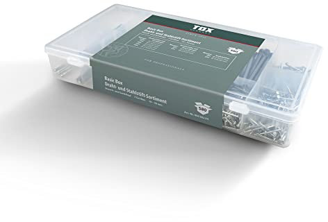Tox Assortimento di Chiodi in Filo e Acciaio con Testa Svasata e Rovesciata per Applicazioni Versatili, Chiodi in 7 Spessori e 9 Lunghezze, ⌀ 1,4-3,0 Mm, Lunghezza 19-50 Mm, 580 Pezzi, 09490204