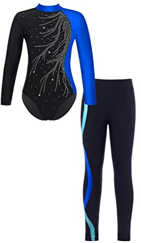 FEESHOW Mädchen Turnanzug Langarm Gymnastikbody Tanz Ballett Leotard Strumpfhose Sportanzug Leggings Bodysuit Set Wettkampf Tanzkleidung D_Blau 158-164/13-14 Jahre