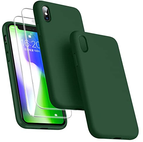Dssairo 3-in-1-Schutzhülle für iPhone X/iPhone XS, mit 2 Displayschutzfolien, Flüssigsilikon, dünn, stoßfest, 14,7 cm (5,8 Zoll), Mikrofaser-Innenfutter, alpingrün