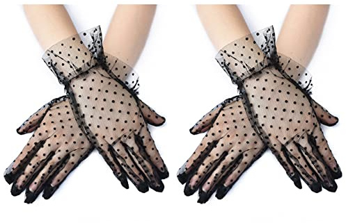 2 Pares de Guantes de encaje de lunares,Guantes de fiesta de té para mujeres,Elegante guante corto de boda,Guantes de Halloween,Guantes UV de verano de cortesía