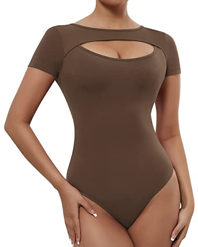 RoomTour dam elegant body med fyrkantig hals för kvinnor kortärmade toppar, bodysuit för kvinnor, 2-brun, XL