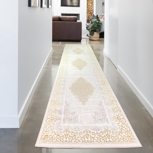 CARPETIA Teppich Mäandermuster Creme Gold mit Glanzeffekt 100x300 cm