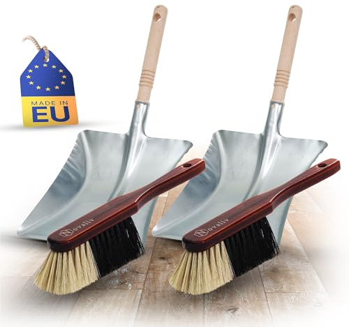 Novaliv 2X Kehrblech Sets ROSSHAAR Mischung Handfeger Holz BRAUN LACKIERT mit Kehrblechgarnitur Metall verzinkt Kehrblechbesen weiche Borsten Handbesen Kehrblechset Kehrschaufel Feger und Kehrblech