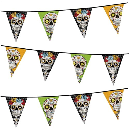 com-four® 3X Wimpelkette mit Totenkopf-Aufdruck, Girlande für Halloween | Day of the Dead-Design - Fähnchenkette