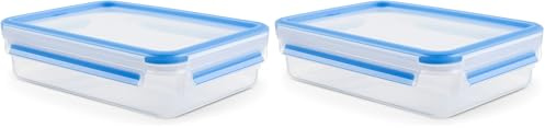 Emsa 508542 Clip & Close | Rechteckige Frischhaltedose | mit Deckel | 1.2 Liter | 100% Dicht | Transparent/Blau (Packung mit 2)