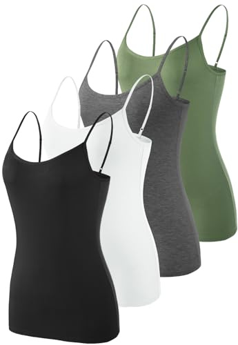 Knuffnee 4 Pack Womens Camisole Adjustable Spaghetti Strap Tank Tops Basic Undershirt Cami Tops Army Green/Dark Grey/White/Black S