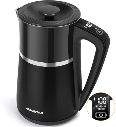 Aigostar Alva - Hervidor agua electrico control temperatura, Acero Inoxidable, 40°C a 100°C, Doble Pared, LED Indicador Digital, Silencioso, Función de Mantenimiento Del Calor, 1,7L, 2200W, Negro