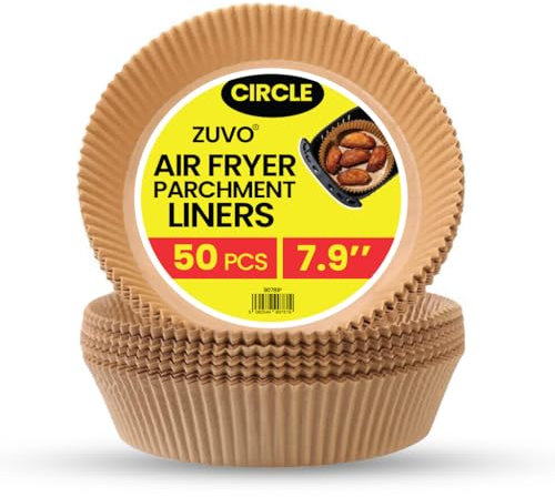Zuvo Air Fryer Liners Paper Disposable (50-Pack) - 7.9-Inch Round Greaseproof Parchment Paper for Baking, Roasting & Frying - Heat Resistant, Compatible with COSORI, Ninja, Tower Fryers