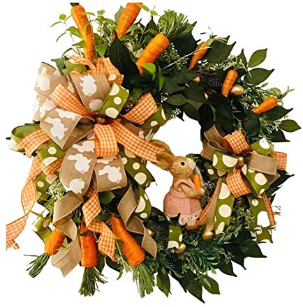 Osterkranz mit Ostereiern und Langen Hasenohren Osterkranz für die Haustür, Häschenkranz mit goldenen Eiern, künstlichen Pflanzen und Karotten für die Osterkranz mit Blumen (Yellow, One Size)