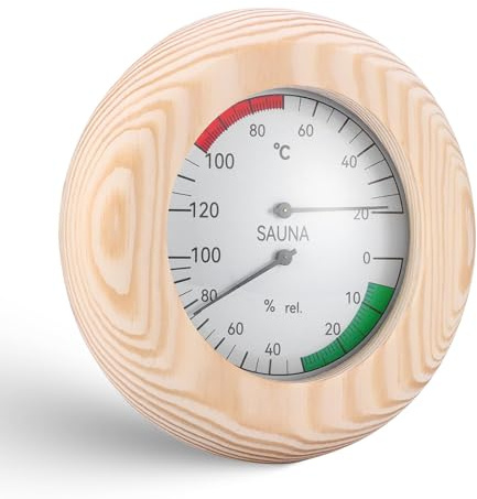 Palmcee Wood Thermo-Hygrometer, 2-In-1 Sauna Thermometer and Hygrometer, High Accuracy, Round Wooden Humidity Meter Sauna Accessories for Steam Room