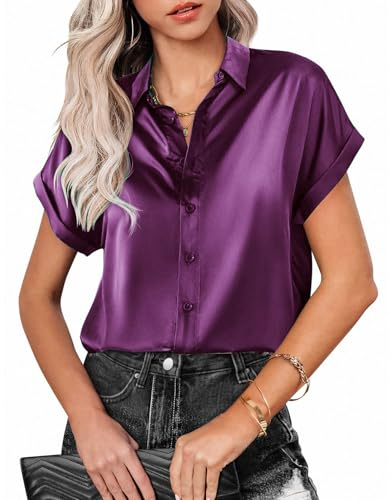 MINTLIMIT Women's Satin Shirt Blouse Short Sleeve Button Down Silk Blouse Casual Ladies Office Tops