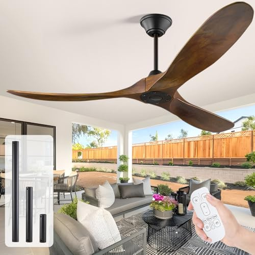 178cm Deckenventilator Mit Fernbedienung Ohne Licht, Deckenventilator Outdoor Holz, Groß Deckenventilator Ohne Beleuchtung, für Terrasse Pavillon Schlafzimmer, Geräuscharmer Reversibler DC-Motor