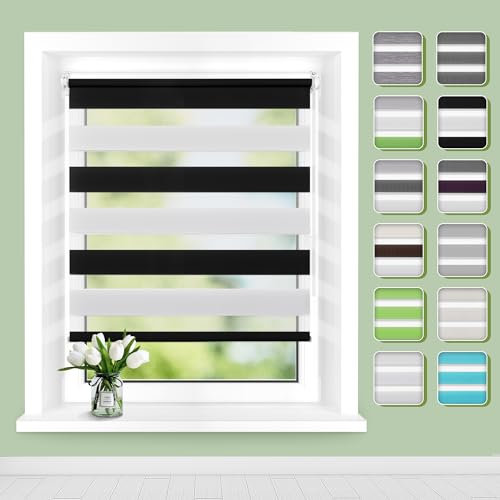 Doppelrollo Klemmfix ohne Bohren, Fensterrollo Innen Klemmrollos für Fenster und Tür B100 x H130cm(Stoffbreite 96cm) Schwarz-weiß, Buseu Duo Rollo ohne Bohren Easyfix Lichtdurchlässig und Verdunkelnd