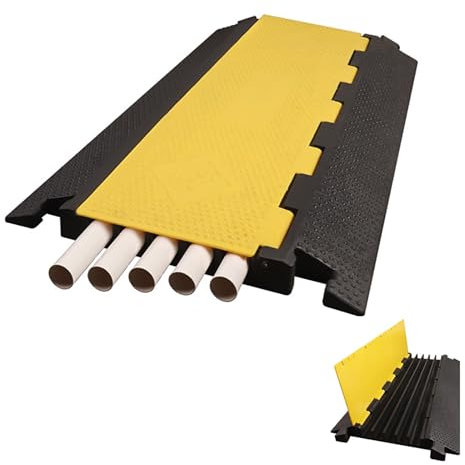 Rampa de Protección de Cable de 5 Canales, Pasacables para Suelo de Caucho y PVC, Carga de 5000 Kg, con Cubierta Superior Abatible, para Uso en Exteriores e Interiores