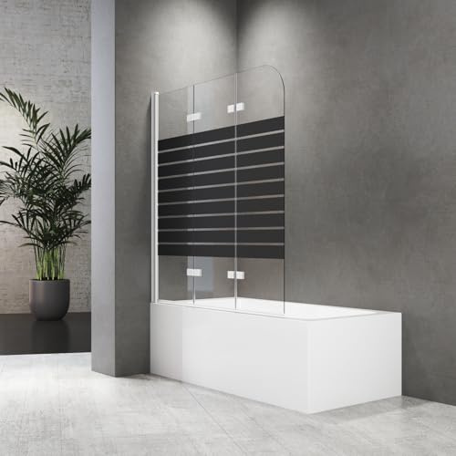 Duschwand für Badewanne Faltbar 120 x 140 cm Badewannenfaltwand 3 teilig Duschfaltwand für Badewanne aus gehärtetem Sicherheitsglas mit NANO Beschichtung(Weißer Rahmen mit Schwarz Gestreiftem)