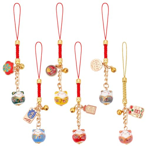 WEBEEDY 6 Styles Chat Chanceux Porte Clés Pendentif Japonais Maneki Neko Chat Charme pour Téléphone Fengshui Fortune Chats Chanceux Pendentif Charms pour Sac à Main Porte Clés Décoration (12cm)
