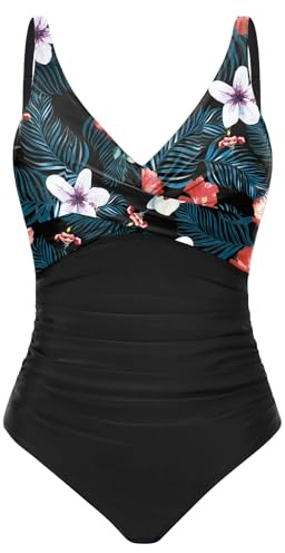 CMTOP Bañadores Mujer Reductores Push Up Cuello en V Acolchado Traje de Baño Una Pieza Vientre Plano Ropa de Baño Control de Barriga Playa Trajes Cintura Alta Pliegues Monokini