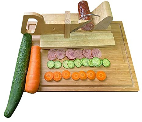 Wooden Sausage Guillotine, Stainless Steel Hot Dog Cutting Tools, Kitchen Utensil with Safety Lock Peg, for Slicing Pepperoni Dried Meat, Vegetable and Fruit