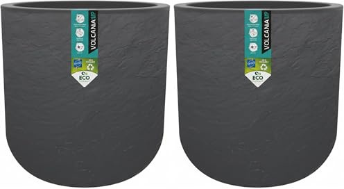 EDA - Pot Rond 40 cm Volcania'Up 32,5 L - Décor Imitation Pierre - Simple Paroi - Zone de Rétention d'eau - Ø 38,5 x H.36,8 cm - Gris Anthracite (Lot de 2)