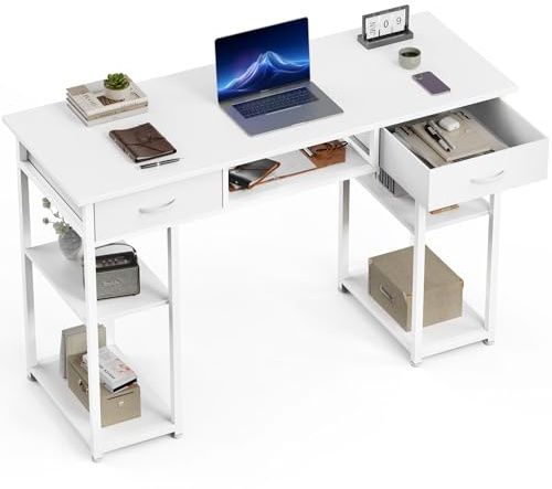 OLIXIS Computer Desk with 3 Drawers Study Writing Table with Storage Bag Headphone Hook Adjustable Feet for Home Office Small Spaces