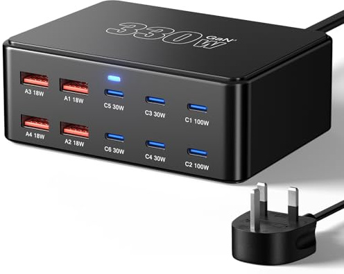 330W 10-Port USB Charging Station, PD 100W USB C GaN III Charger Laptop & Phone Fast Charger Plug, Compatible with MacBook Pro/Air