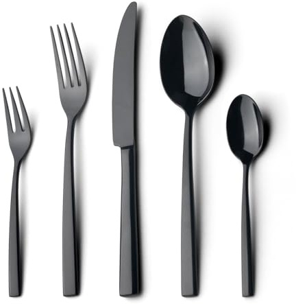 Alata Konrad 18/10 Edelstahl Poliert Schwarz, Besteck Set 6 Personen, Essbesteck 30 teilig, Monobloc-Messer, Glänzend, Spülmaschinenfest