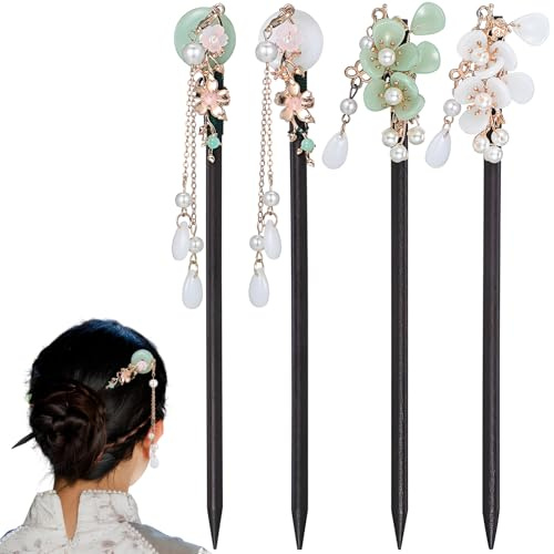 Happyyami 4piezas Palillos Chinos Cabello De Madera Horquillas Tradicionales Chinas Para Mujeres Accesorios Pelo Hanfu Palillos De Flores Pelo Chinos Fiesta o