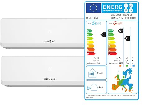 Climatisation Digiquest Dual Inverter V5 9000 + 9000 Wi-Fi R32 Classe d'efficacité énergétique A++ Refroidissement/A+++ Chauffage I Feel 3D Flux d'air Turbo Nuit SEER 6,2 SCOP 5,1 CLIMA00065