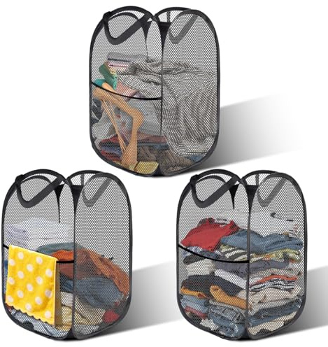 3 Pezzi Cesto Portabiancheria Pieghevole, Cesto Portabiancheria Portatile Pop-Up, Cesti Lavanderia a Rete, 36 x 36 x 58 cm, Adatto per il Bagno, il Campeggio, Colore Nero