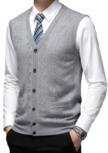 Oanviso Gilet Cardigan da Uomo Giacca a Maglia Senza Maniche Maglione con Scollo a V e Bottoni Pullover Elegante Autunno B Grigio Chiaro XXL
