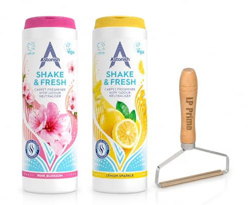 Shake and Vac Carpet Freshener Powder Bundle 350g each | Carpet Cleaner Odour Remover & Deodoriser with Astonish Cleaning Products | Includes Lint Remover, Lemon Sparkle, and Pink Blossom Scents