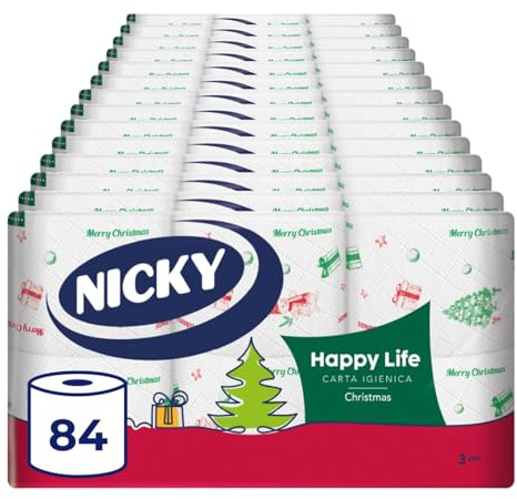 Nicky Happy Life Christmas - Carta Igienica Natalizia, 84 Rotoli da 170 Strappi, a 3 Veli, Apertura Facilitata, 4 Fantasie con Decori Natalizi, Morbida e Resistente, Allegra e Festiva, Carta FSC