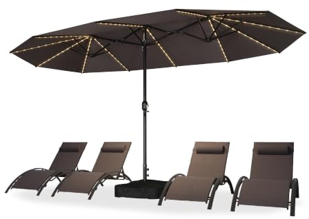 PURPLE LEAF Parasol Rectangulaire avec LED et Pied 4,25 x 2,45 x 2,4 m Gris | Parasol de jardin extérieur, Grande zone d'ombre, Résistance vent fort, Nuit éclairée, UPF 50+, Base stable 72 kg, Commercial