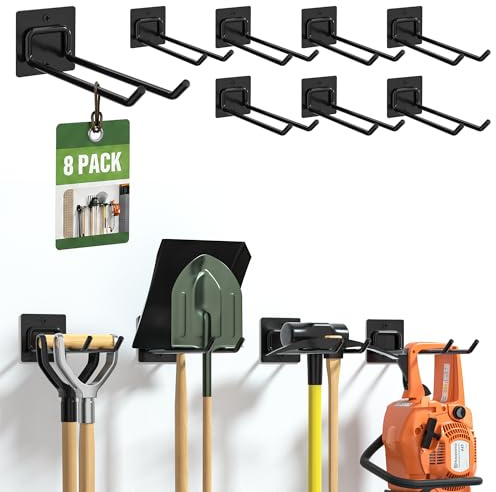 Urban Deco Metal Garden Tool Storage Hooks Heavy Duty, 8 Pack Wall-Mounted Garage Hook Rack for Shed & Workshop, Tool Organiser Holder for Shovel, Rake, Broom, Space Saving
