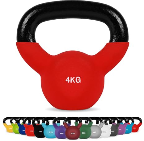 MSPORTS Kettlebell professionell neopren 2 – 30 kg inklusive plansch med kettlebell-övningar 4 kg – röd