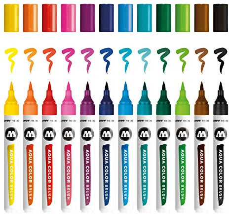 Molotow Aqua Color Brush (Brush Pen Marker Basic-Set 1, Pinsel Spitze für Aquarellieren und Handlettering) 12 Stück sortiert