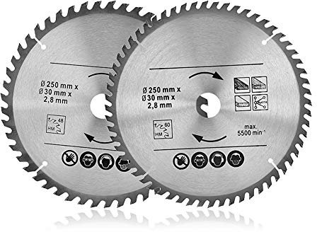 Kreissägeblätter 2 Stk 250 x 30mm 48T & 60T TCT Vielseitiges Sägeblattblatt aus hochwertigem Hartmetall kompatibel mit Tauchsäge & Kreissäge für Holz, Metall & Alu