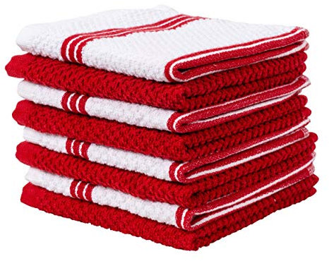 Living Fashions 8 Pack Dish Cloths for Washing Dishes - 100% Cotton Absorbent Dish Towels Size 12 x 12 - Perfect Rags for Washing Dishes - Kitchen Rags and Washcloths for Dishes (White-Red)