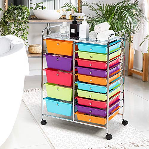 COSTWAY 15 Drawers Storage Trolley, Home Office Stationary Rolling Cart with 4 Wheels, Multipurpose Mobile Organiser Shelving Unit for Makeup Beauty (63 x 37 x 87cm, Multicolour)