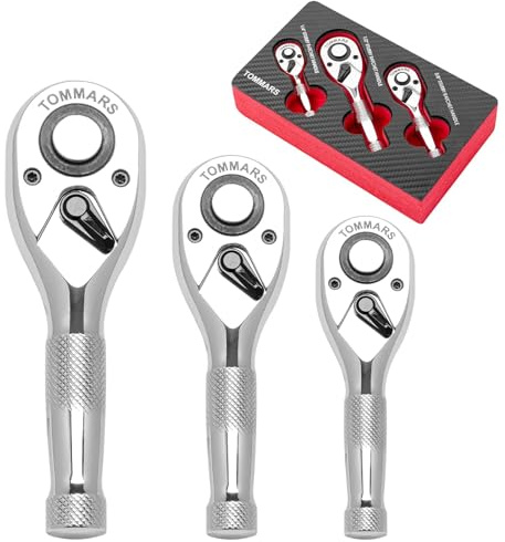 TOMMARS Stubby Ratchet Set, 1/4, 3/8, 1/2 Drive Ratchet Handle Wrench 72-Tooth Quick-Release Reversible, Gift for Men Mechanic Hand Tools